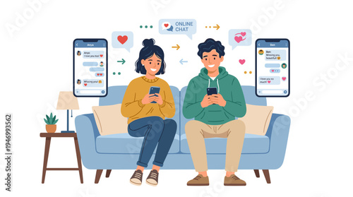 A young couple, a man and a woman, chat online on their mobile phones, exchanging love messages through social networks, depicted in a colored flat vector illustration set against a white background