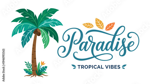A paradise script rendered in flowing calligraphic lettering, featuring an exotic palm against a stark white backdrop. Elegant hand‑drawn typography and a tropical tree. Contemporary design suitable