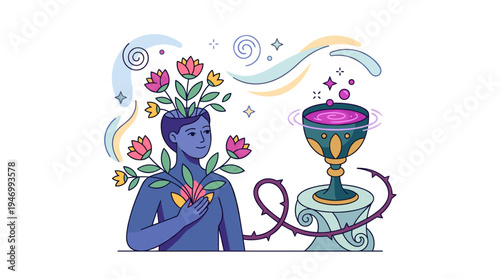 Concept of mental health and inner life energy. A magical secret elixir, a tempting goblet for the blooming soul, a blossoming spirit, metaphor. Abstract conceptual psychic spiritual flat vector