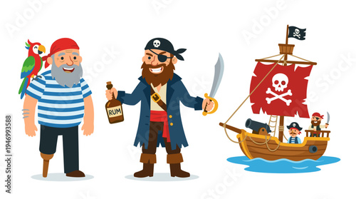 Vector illustration of cartoon pirate characters: ocean raiders on a boat, an elderly sailor in a striped shirt with a parrot perched on his shoulder, holding a bottle of rum and a saber, set against