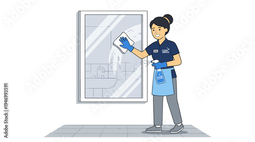 A cleaner uses a cloth and detergent spray to clean a mirror, wiping the glass with a clean napkin or tissue, as depicted in a flat vector illustration on a white background by a professional cleanup
