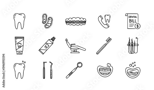 Dental health pixel perfect icons tooth braces bacteria dentist vector set