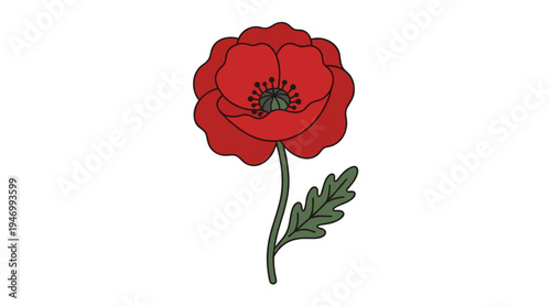 A bright red poppy with full, lush petals and leaves, rendered in a retro style for British Remembrance, depicted as a striking blooming papaver on a stem, shown as a vector illustration against a