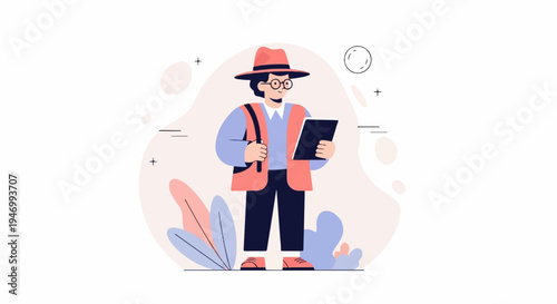 Person wearing a hat and vest holds a tablet