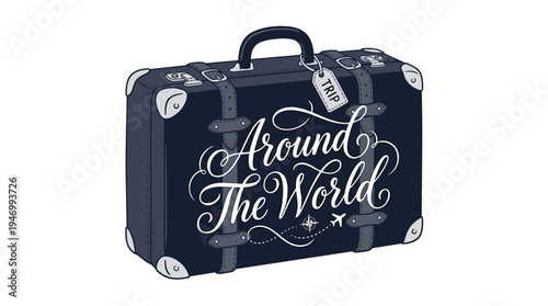 The phrase “Around The World” is handwritten in a graceful cursive calligraphy style on a suitcase, presented as a creative inscription against a white backdrop in a sleek monochrome vector