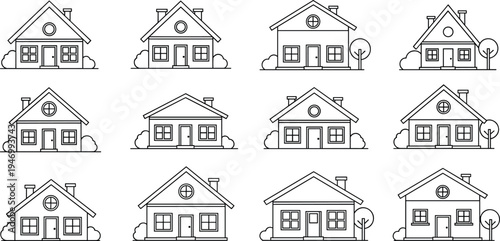 House line art icon set with residential homes and cottages, outline property buildings collection for real estate, architecture and housing design