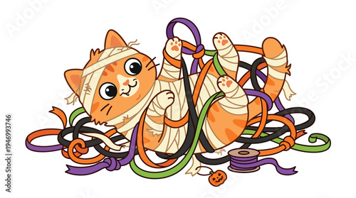 A charming, humorous cat frolics while a silly, cute kitten is tangled in ribbon, playfully wearing a Halloween mummy costume, and a mischievous kitten misbehaves, all rendered as a flat vector