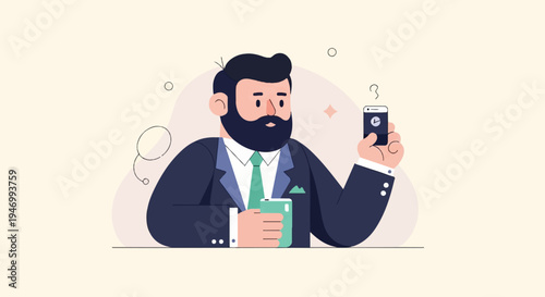 Businessman with beard holding phone and cup