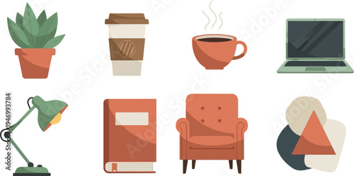 Home office essentials potted plant, coffee, laptop, chair, lamp, book