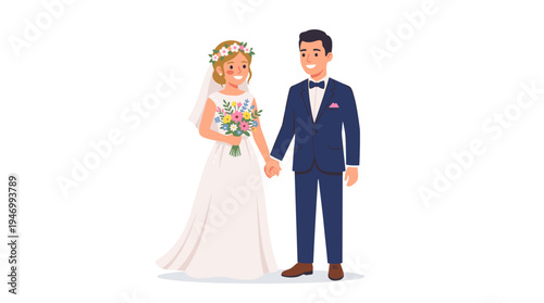 A chic, love-struck couple strikes a pose at their wedding ceremony, the joyful bride and groom in elegant attire set against a pristine white backdrop, rendered in a vibrant flat cartoon