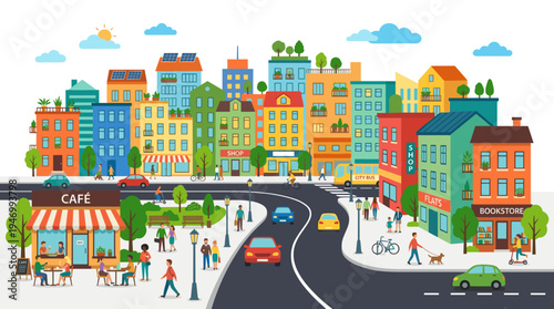 A city street shows miniature pedestrians strolling and relaxing in a café while cars travel along the road, set against a residential cityscape and a vibrant downtown landscape rendered in flat