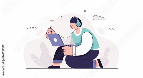 Person wearing headphones, kneeling, holding a stylus to a laptop