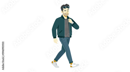 A macho man strides in a flirtatious pose, exuding self‑assured confidence and a cheeky grin, depicted as a flat vector illustration against a white background