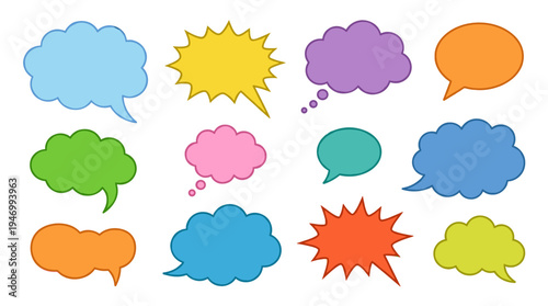 Vector illustration featuring isolated, empty comic sound speech bubbles on a white background, accompanied by clouds that provide space for text