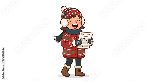 A humorous woman in cozy outerwear sings a Christmas carol in a flat vector illustration, wearing fur earmuffs and holding a hymn sheet against a white background