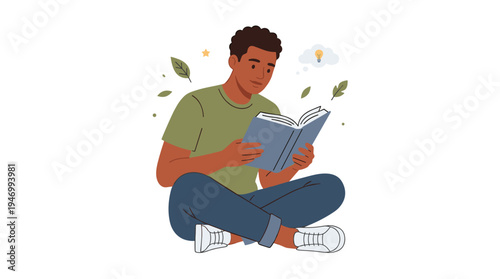 A young Black man sits with a paper book in hand, a literature enthusiast who reads, relaxes, dreams, and thinks during his leisure time, depicted as a flat vector illustration on a white background