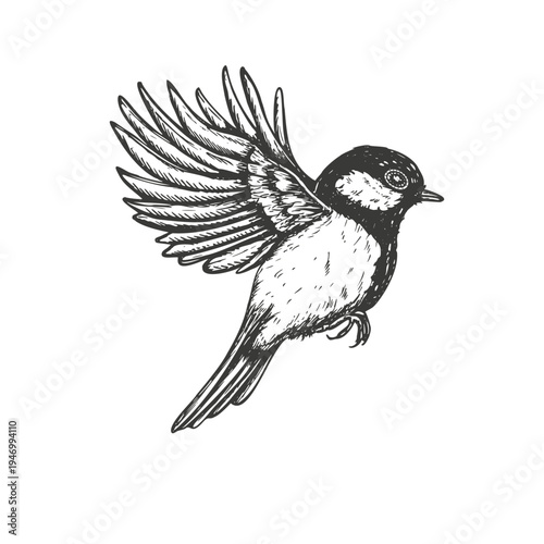 Flying titmouse vector isolated illustration painted by black inks. Hand drawn great tit in flight outline drawing. Monochrome bird with wings spread open graphic sketch. Wildlife conservation design