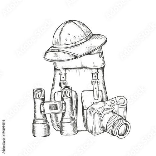 Travel and exploration accessories vector illustration. Classic backpack, safari hat on top, vintage-style camera and binoculars monochrome composition. Adventurer, wildlife researcher, photographer