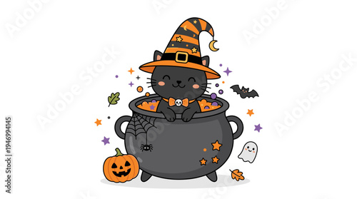 A charming Halloween cat wearing a festive costume and a pointed witch hat, playfully perched in a cauldron, depicted as a whimsical flat vector illustration on a white background