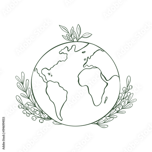 Stylized planet Earth and lush vegetation vector monochrome illustration. black and white globe with botanical elements drawing. ecological concept, nature conservation and environmental protection