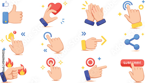 Social media hand gesture icons set with like subscribe share click and tap actions for digital interface interaction