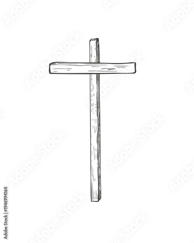 Simple wooden cross black and white vector illustration. Spiritual symbol of Christian faith and religion with natural texture and wood grain. Monochrome design for church bulletin, memorial service