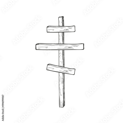 Traditional Russian Orthodox cross black and white vector illustration. Wooden three bar cross, Eastern Christian faith, spirituality, religious tradition. Monochrome design for religious publication