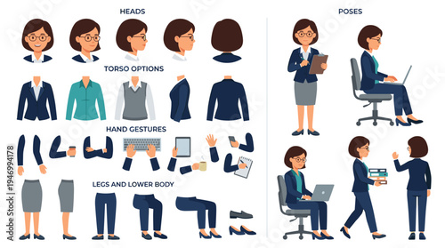 A set of female secretary animation or DIY kit, featuring a bundle of a woman’s body parts, gestures, poses, and formal attire, all isolated on a white background, with front, side, and back views in