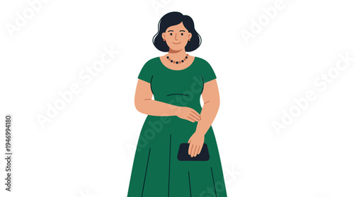 Portrait of a voluptuous woman in an evening gown, depicted as a plus‑size, curvy figure in elegant attire, rendered as a flat vector illustration on a white background