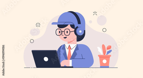 Cheerful character in headphones and suit uses a laptop with a potted plant