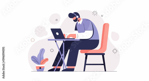 Person wearing headphones works on a laptop at a table, seated on a chair