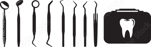 Black and white silhouettes of dental tools and a tooth in a medical case also transparent background