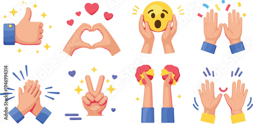 Hand gesture emoji icons set with thumbs up heart sign clapping peace symbol and emotional reactions for social media communication