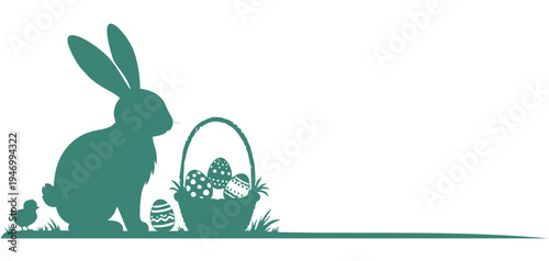 Vector illustration of an Easter bunny with a basket of colorful Easter eggs.