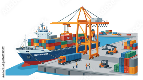 A cargo vessel docked at a seaport, loading and unloading containers with a crane, exemplifying maritime transport, delivery, shipment, trade, and logistics in a flat vector illustration