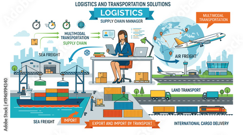 Concept of international cargo delivery: a logistics and supply chain manager coordinates multimodal transport for goods, handling both export and import, depicted in a flat vector illustration on a