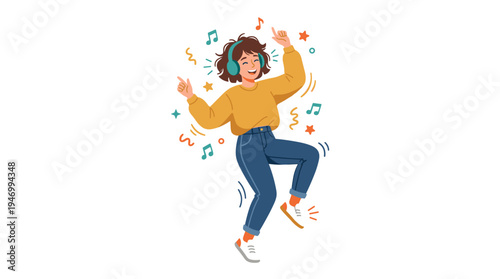 A cheerful girl wearing headphones, energetically dancing to music, depicted as a modern, excited figure in a flat vector illustration on a white background
