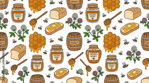 A hand‑drawn seamless pattern featuring luscious organic honey, a dipper, slices of bread, honeycomb, clover, a jar, and a barrel set against a white background; a realistic vector illustration