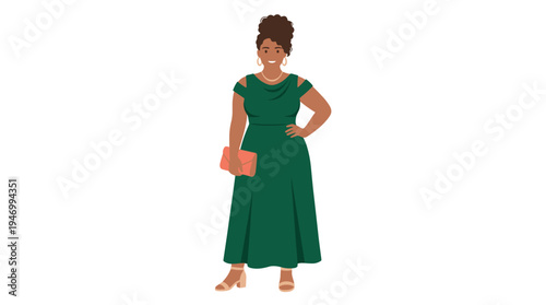 A plump, curvy woman in a long, cut‑out evening maxi dress stands confidently, depicted in a flat vector illustration against a white background