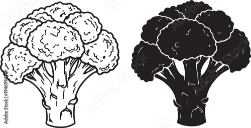 Black and white stylized broccoli silhouettes facing opposite directions also transparent background