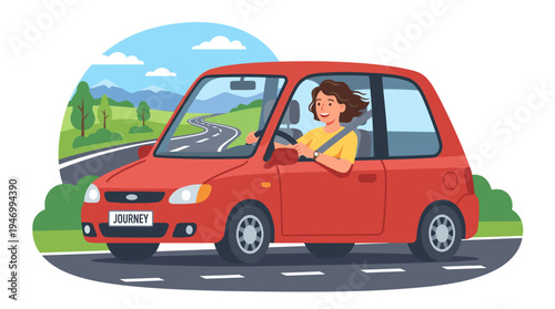 A woman is driving a car, happily enjoying a road trip and looking out through the open window, depicted as a flat vector illustration on a white background