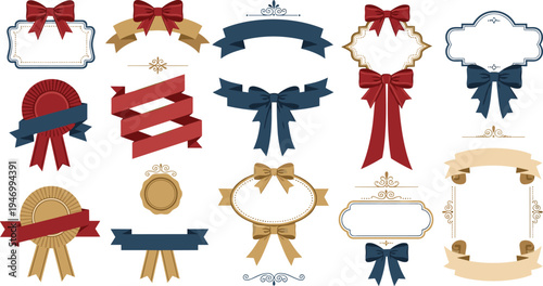 Vintage ribbon banners and bow labels collection with decorative frames badges and elegant ribbon ornaments isolated on white background