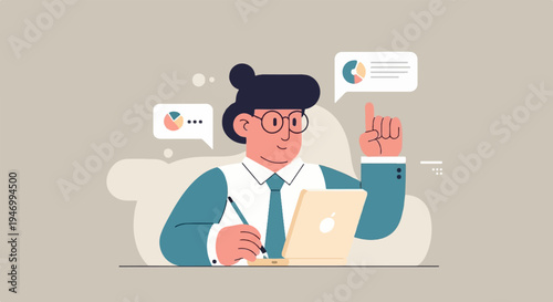 Person in suit using laptop with charts, idea lightbulb gesture