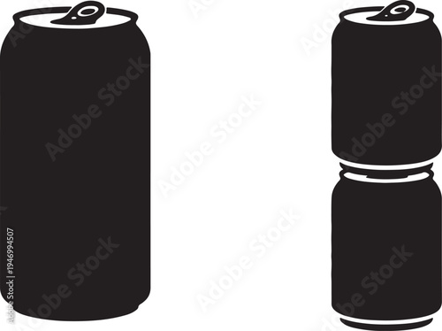 Black silhouette of a soda can with a second can crushed behind it also transparent background crushed can