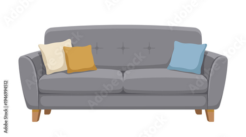 Contemporary, cozy sofa with a classic design, presented frontally on a white backdrop, suitable for living rooms and offices, depicted as a flat vector cartoon