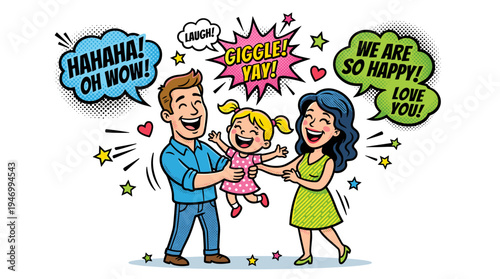 A joyful family: father, mother, and daughter surrounded by sound clouds, illustrated in pop‑art comic style