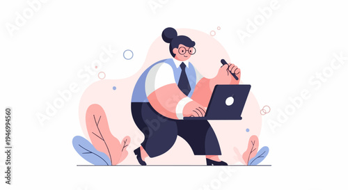 Chubby woman in business attire using a stylus and laptop in a modern illustration