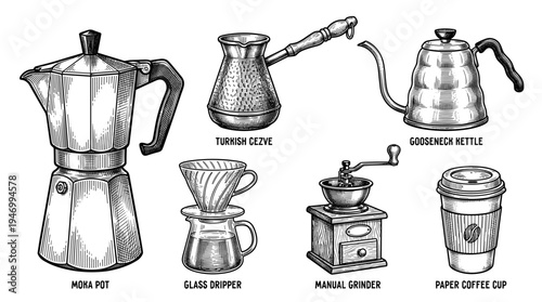 A collection of coffee‑making and drinking utensils—moka pot, Turkish cezve, long‑spout kettle, glass dripper, grinder, and paper cup—depicted as a hand‑drawn vector illustration in etching style
