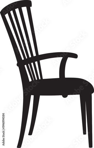 Black silhouette of a wooden chair with vertical slats and armrests also transparent background furniture