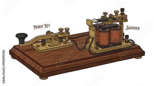 A vintage-style sketch of an antique telegraph machine, depicting a Morse code device for communication, rendered as a detailed realistic hand-drawn vector illustration set against a white background